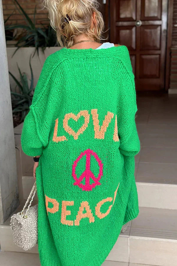 Women's Longline Open Knit Cardigan with Peace Motif
