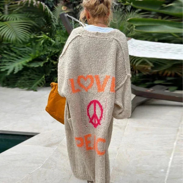 Women's Longline Open Knit Cardigan with Peace Motif