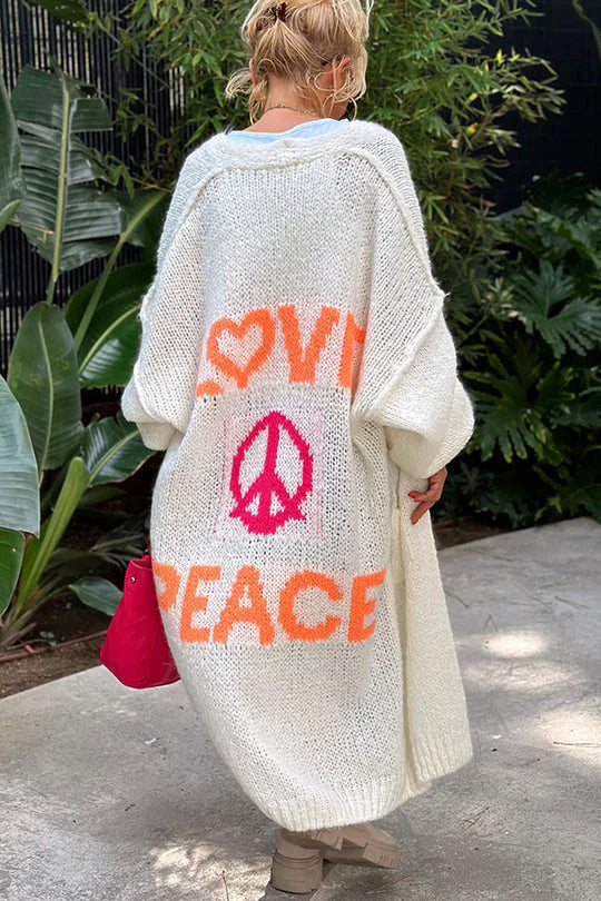Women's Longline Open Knit Cardigan with Peace Motif