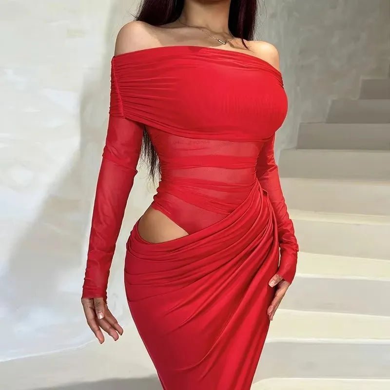Keeley - Abito lungo in mesh da donna con manica monospalla