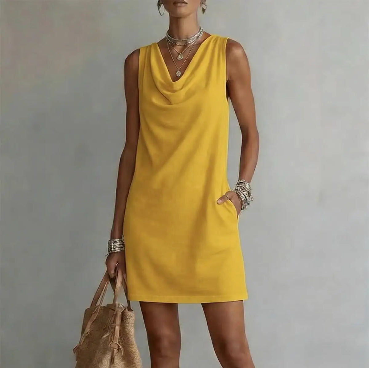 Women's Sleeveless Cowl Neck Mini Dress with Pockets – view 6