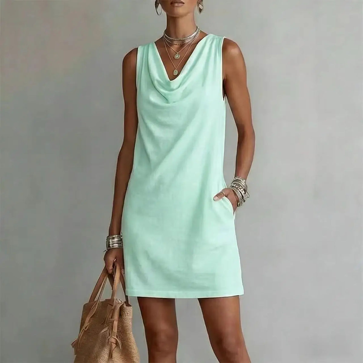 Women's Sleeveless Cowl Neck Mini Dress with Pockets – view 7