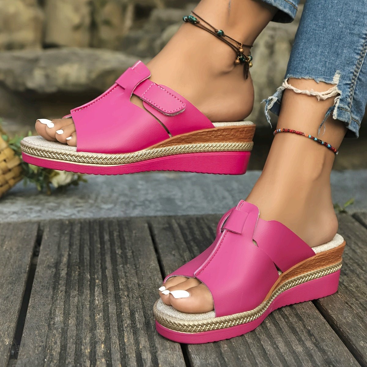 Women's Open-Toe Wedge Platform Comfortable Sandals Hook-Loop Strap in Green