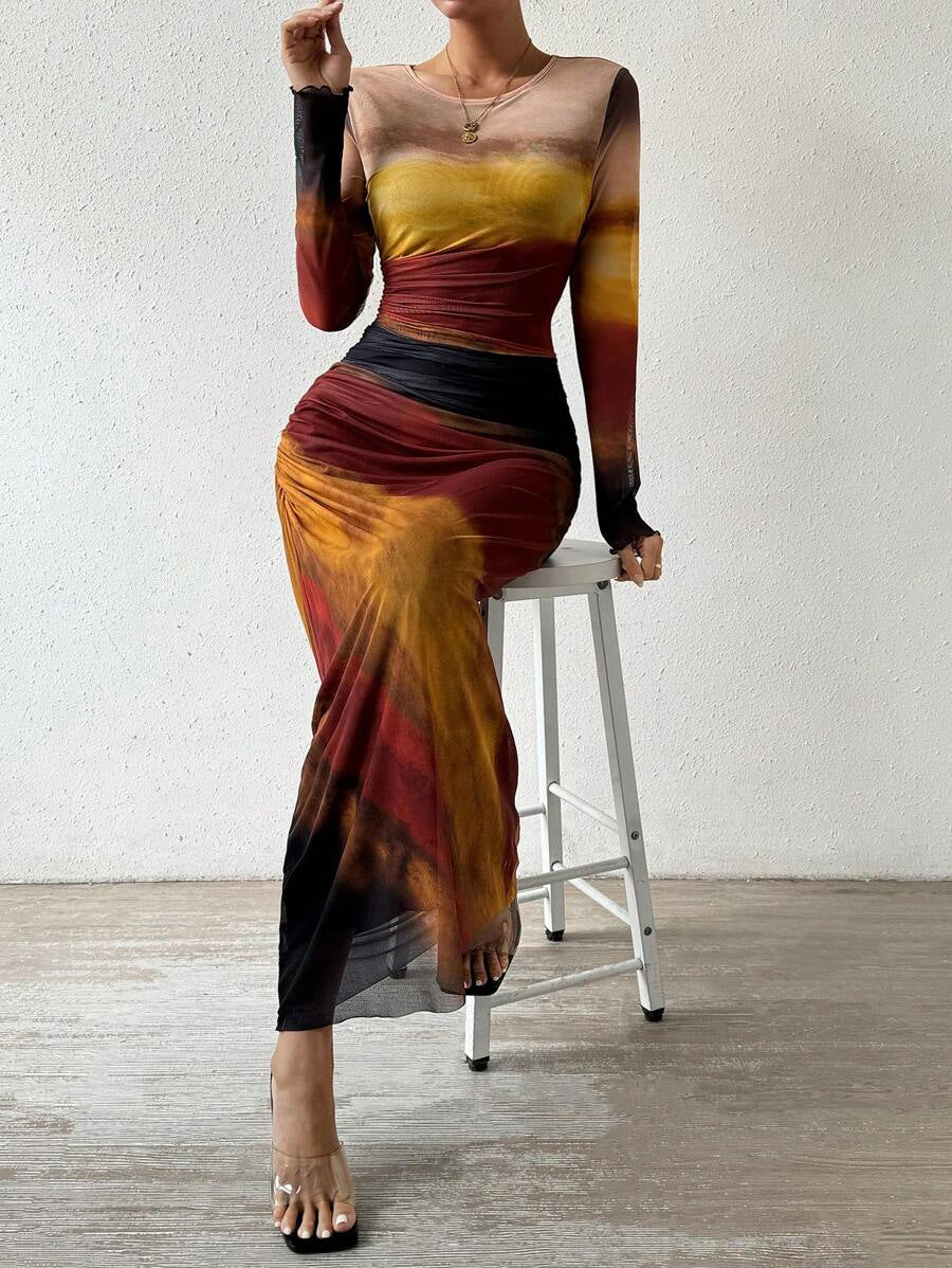 Muriel - Women's Printed Maxi Dress with Long Sleeves