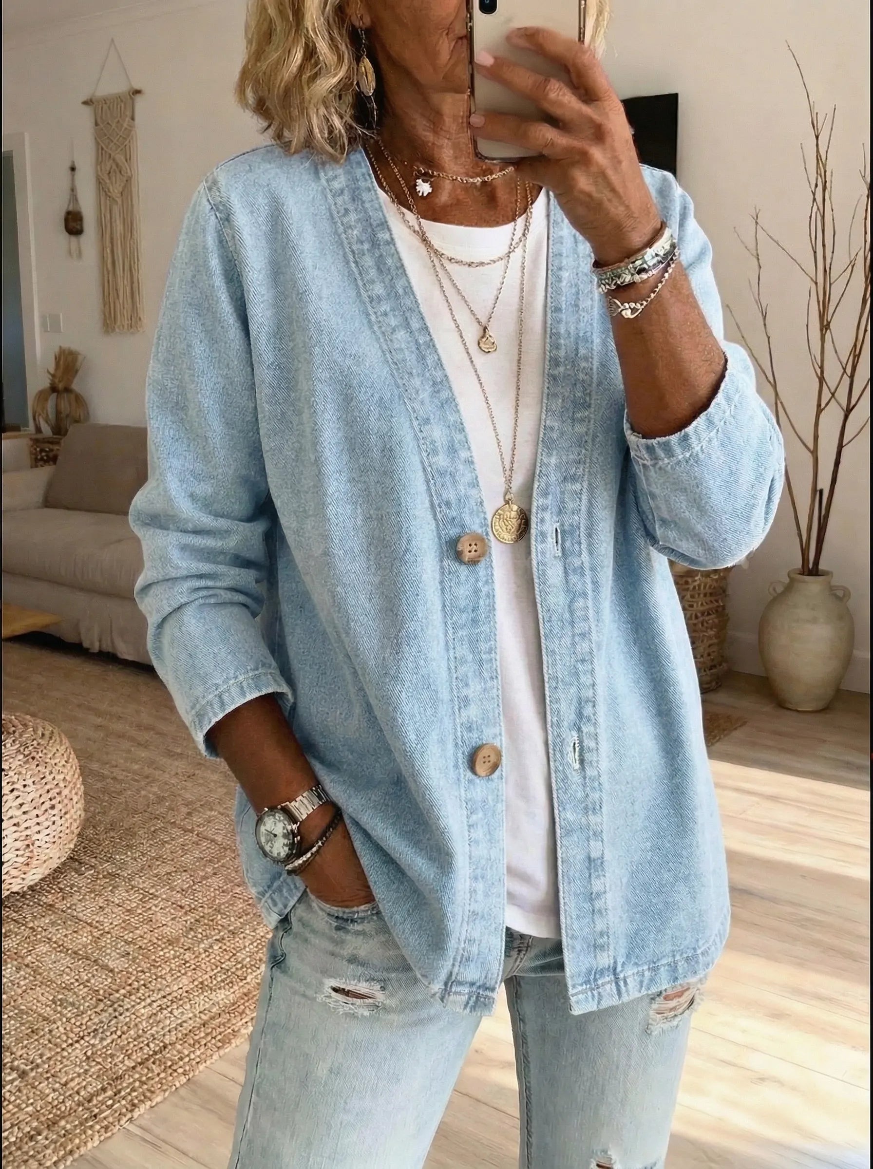 Mina - Women's Relaxed Cardigan in Button-Front Denim - photo 2