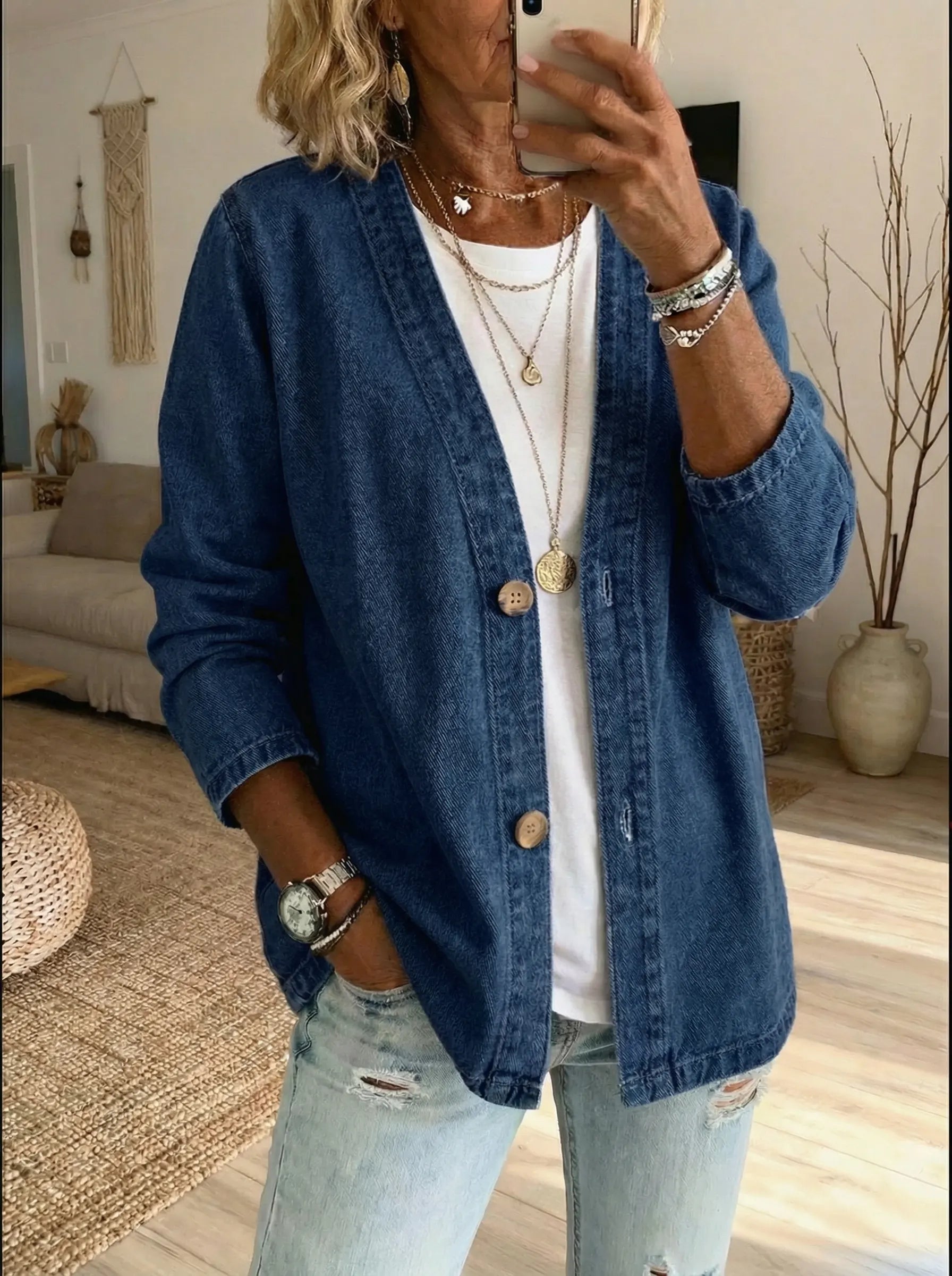 Mina - Women's Relaxed Cardigan in Button-Front Denim - photo 3