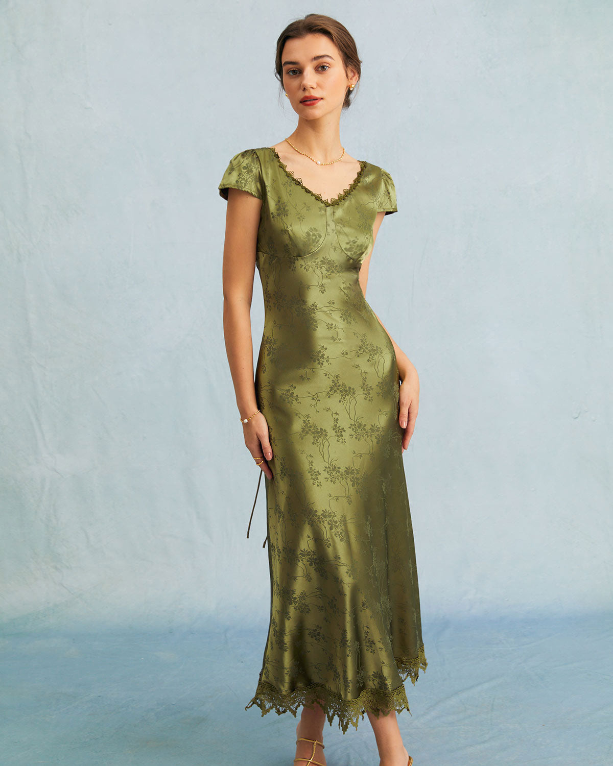 Women's Satin Floral Jacquard Scalloped Lace Trim Short Sleeve Midi Dress