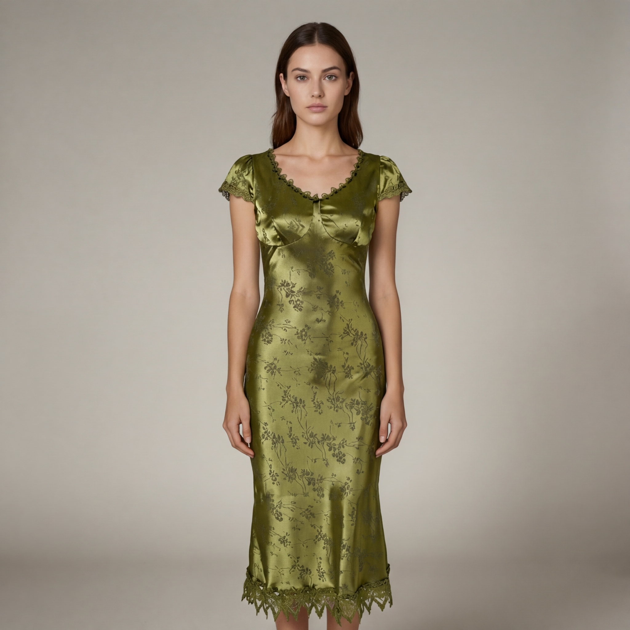 Women's Satin Floral Jacquard Scalloped Lace Trim Short Sleeve Midi Dress