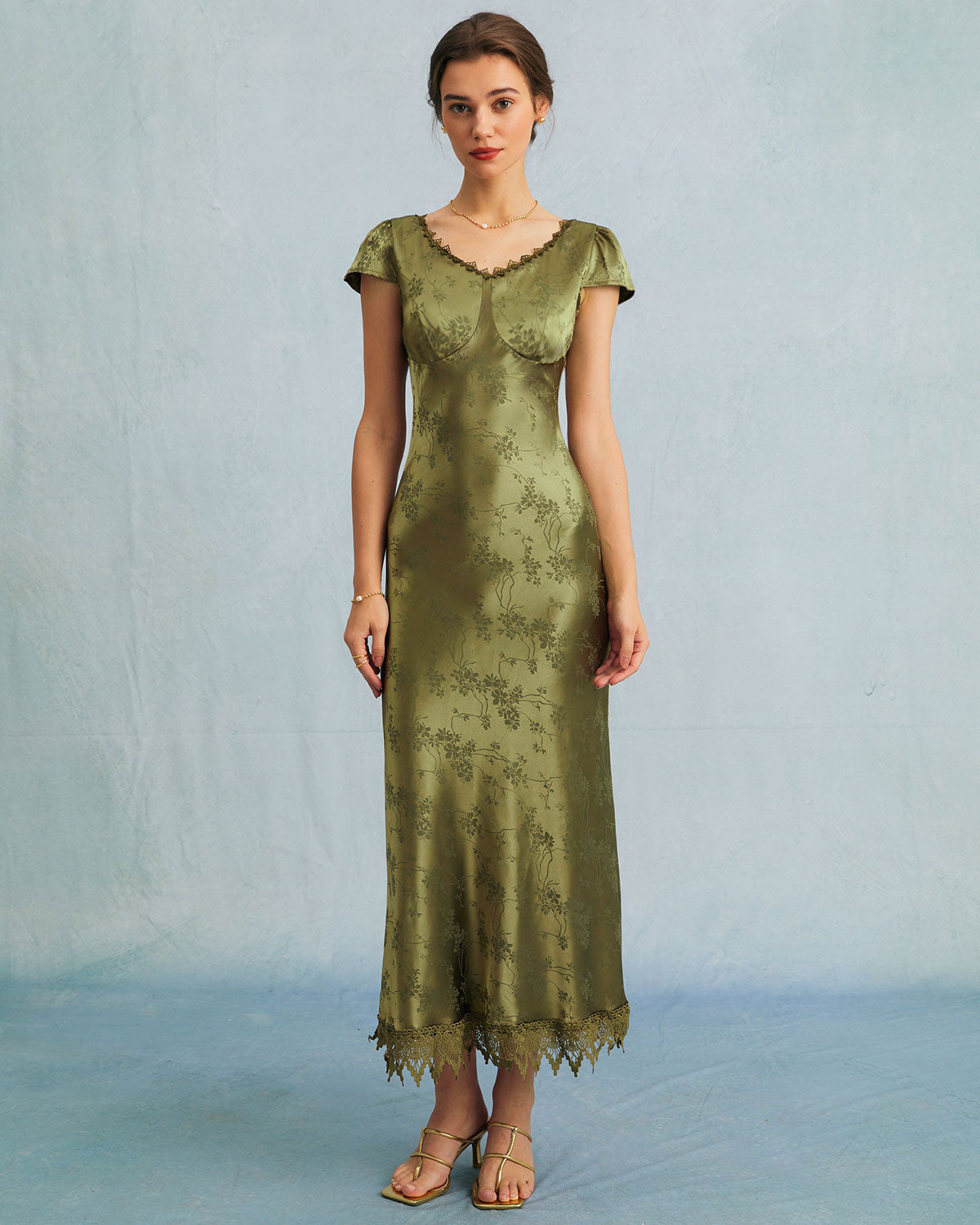 Women's Satin Floral Jacquard Scalloped Lace Trim Short Sleeve Midi Dress