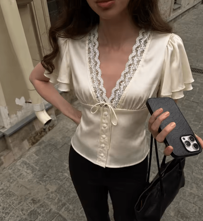 Teresa - Camicetta da donna effetto seta con morbido drappeggio