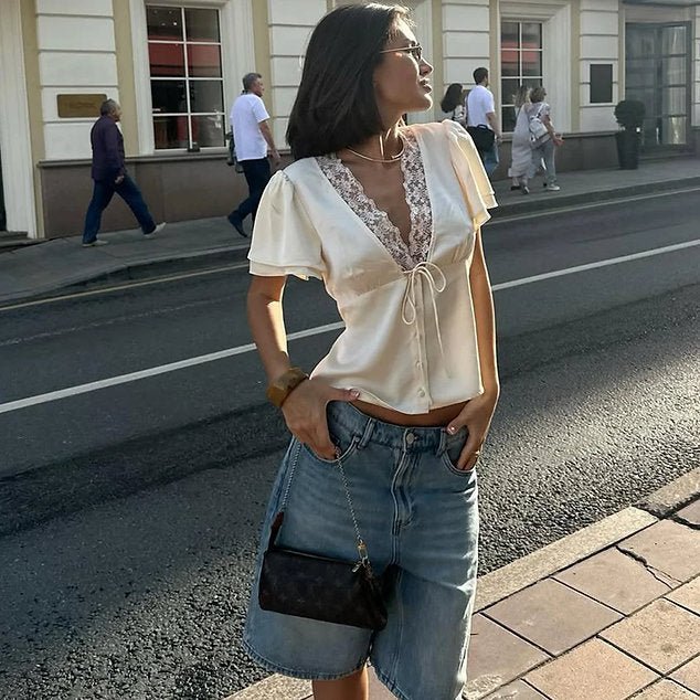 Teresa - Camicetta da donna effetto seta con morbido drappeggio