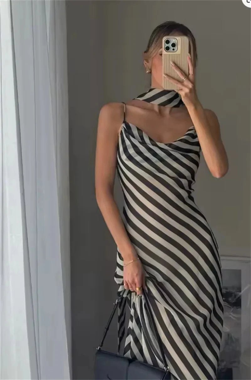 Tracy - Women's Striped Maxi Dress with Matching Scarf