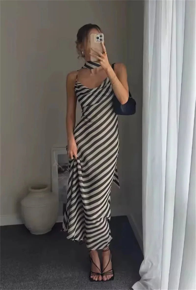 Tracy - Women's Striped Maxi Dress with Matching Scarf
