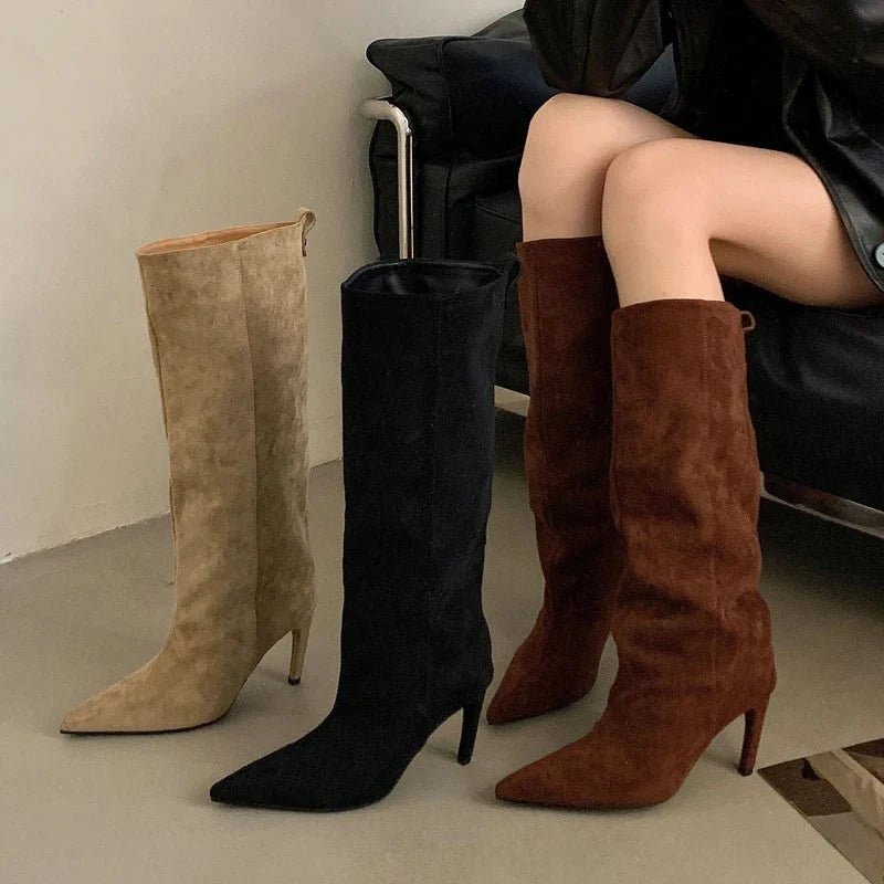 Debbie – Bottes montantes pour femme à hauteur du genou, aspect daim et bout pointu