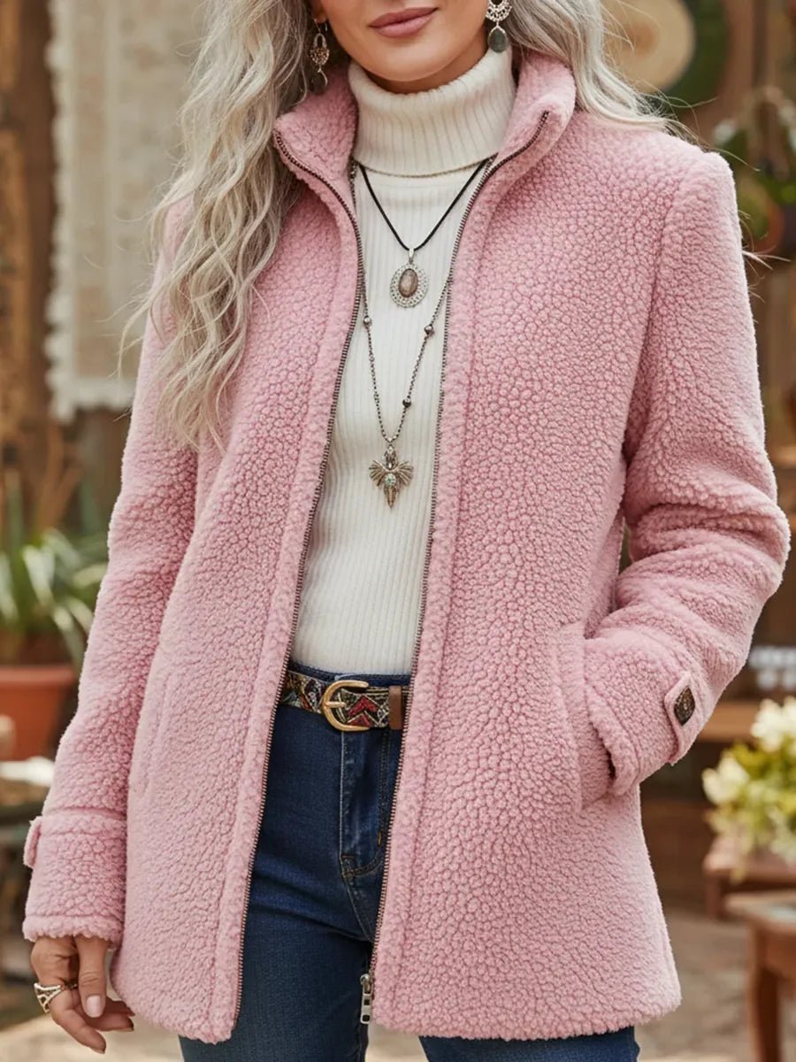 Margaret - Women's Teddy Coat with Zip Front and Stand Collar