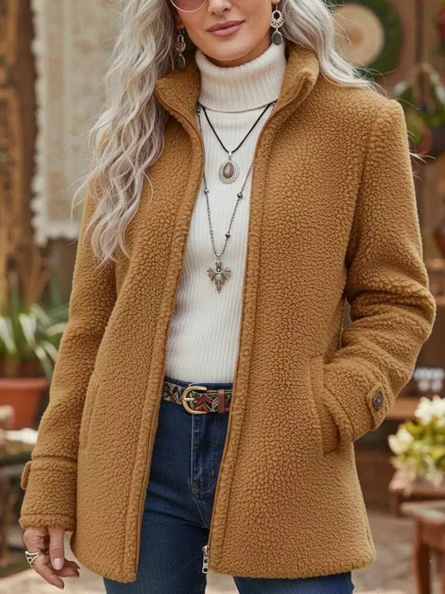 Margaret - Women's Teddy Coat with Zip Front and Stand Collar