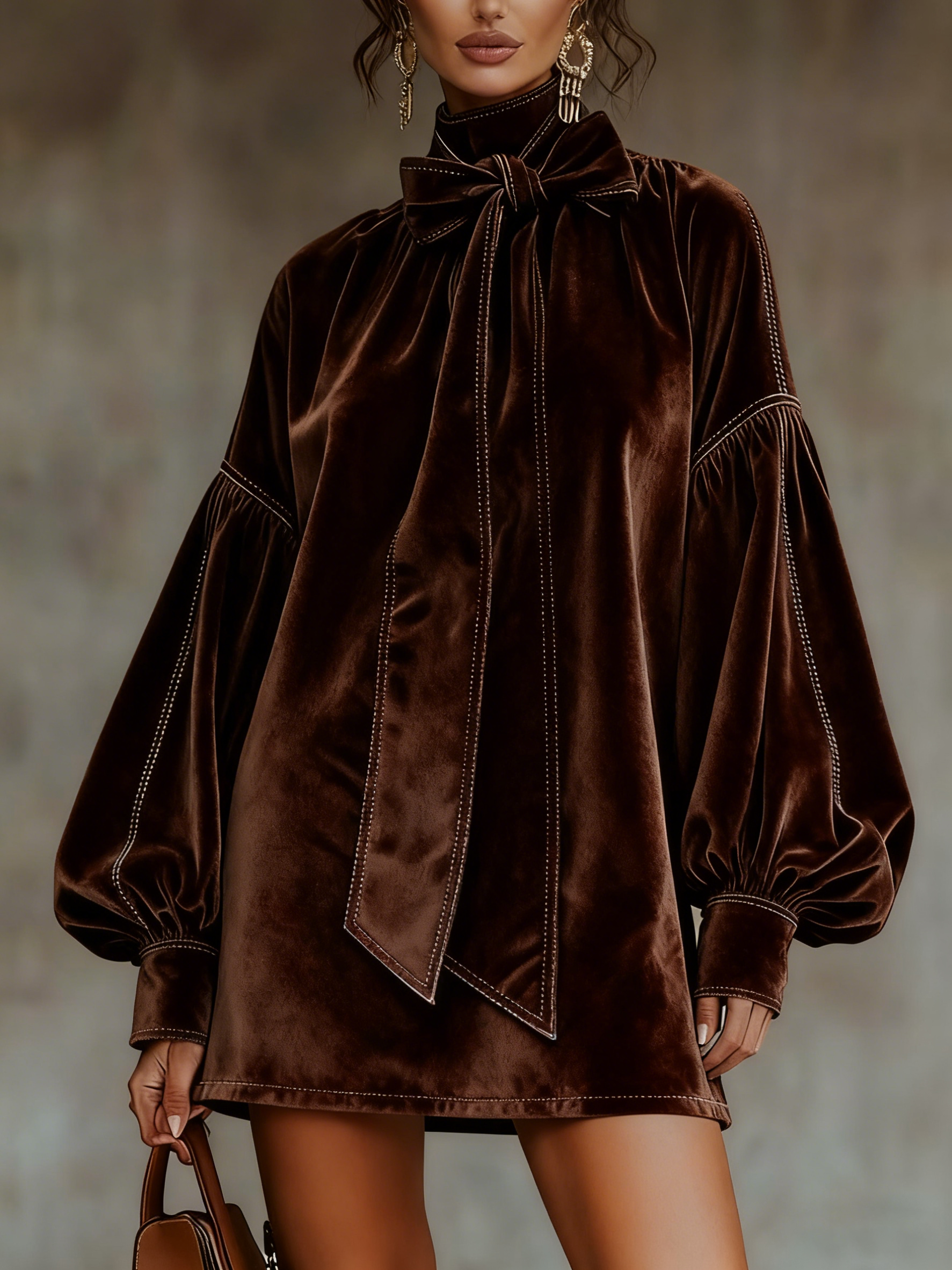 Mollie - Women's Velvet Dress with Bow and Puff Sleeves