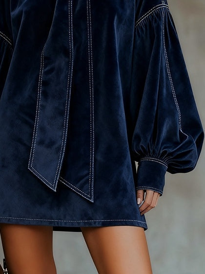 Mollie - Women's Velvet Dress with Bow and Puff Sleeves