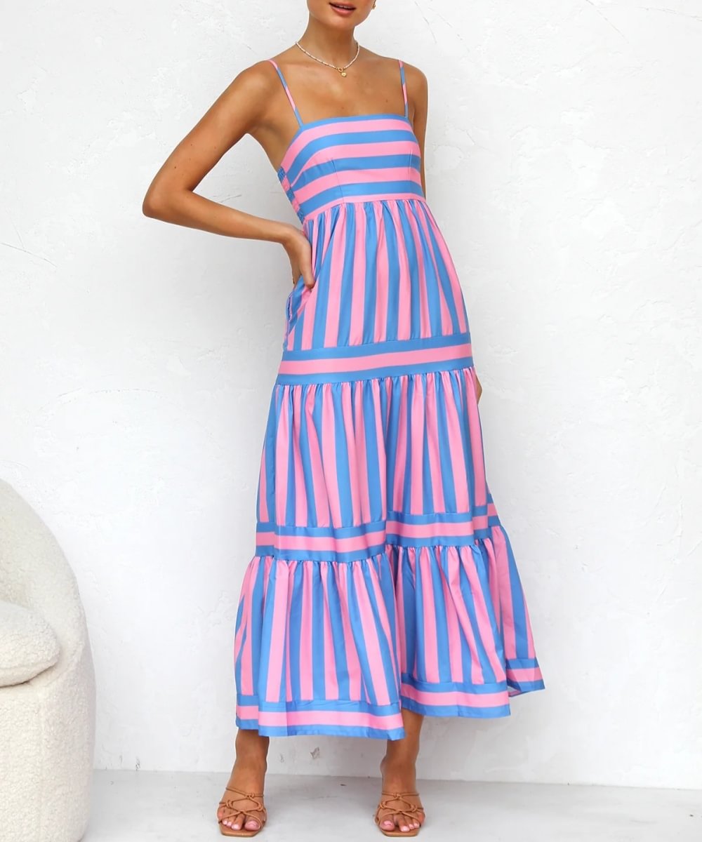 Harley - Women's Striped Tiered Midi Dress Cotton Blend for Casual Elegance