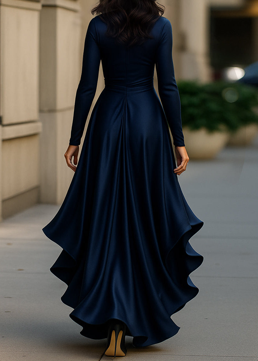 Women's Satin Wrap Dress with Long Sleeves and Asymmetric Hem