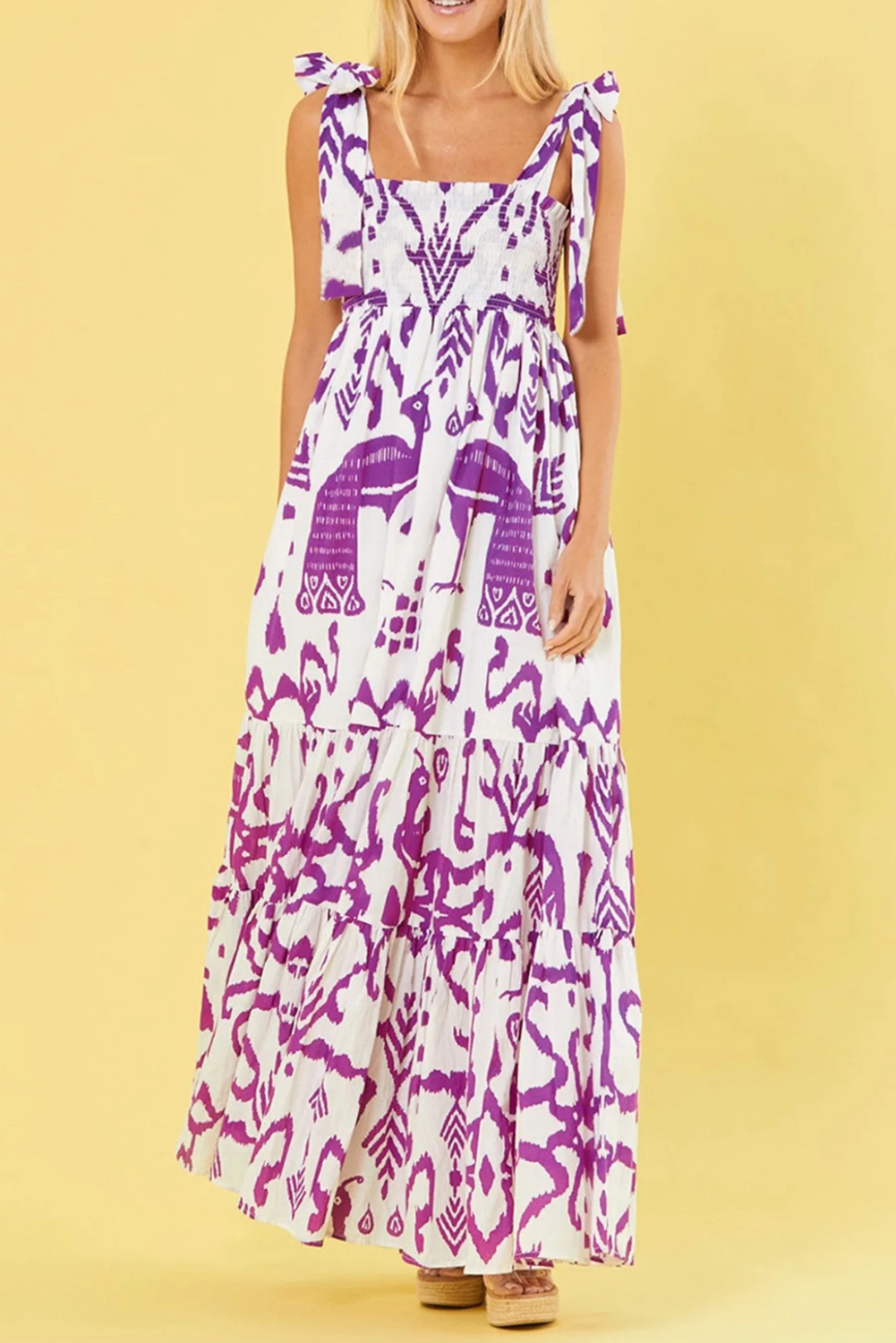 Naomi - Women's Boho Gingham Smocked Maxi Dress with Tied Straps