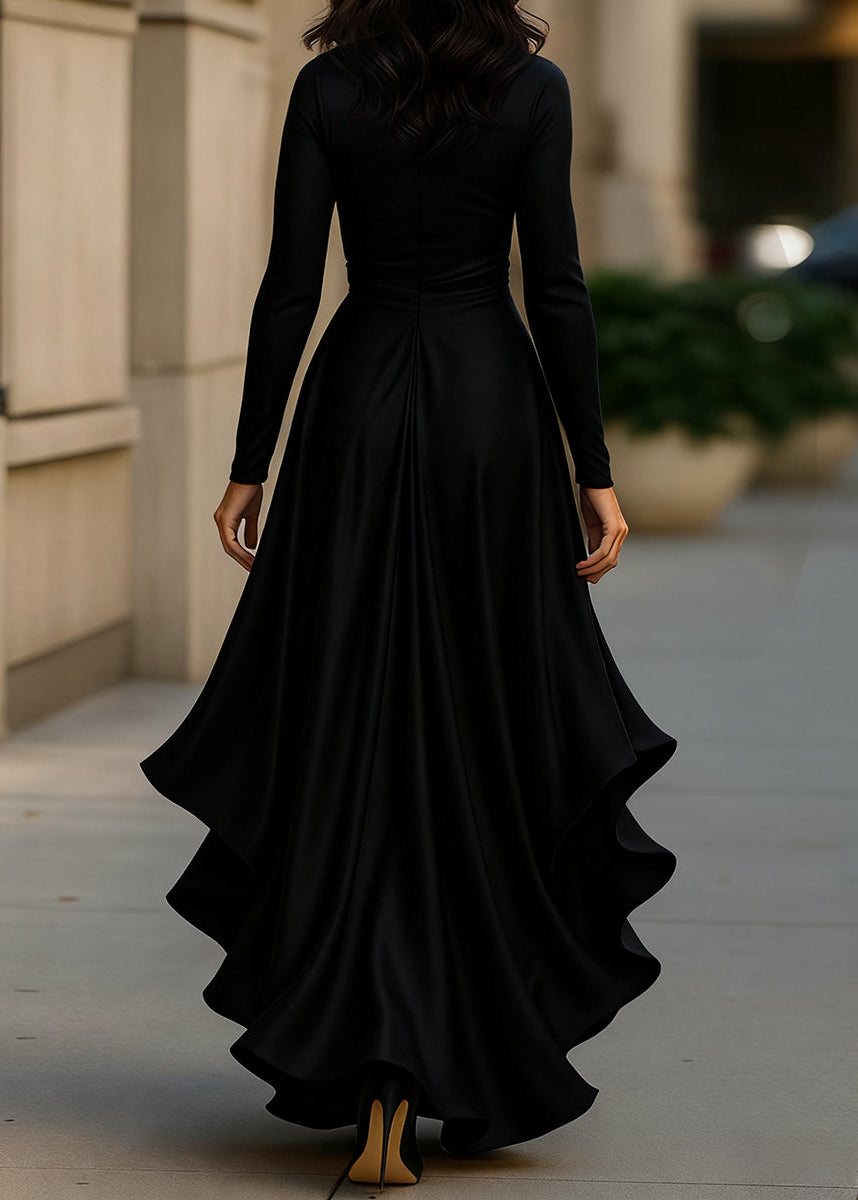 Women's Satin Wrap Dress with Long Sleeves and Asymmetric Hem