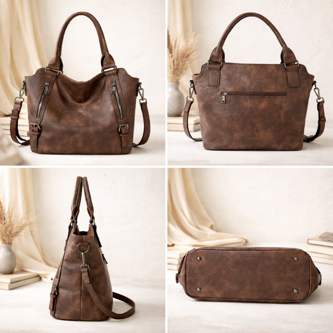 Doretta - Women's Leather Shoulder Bag with Zip Pockets
