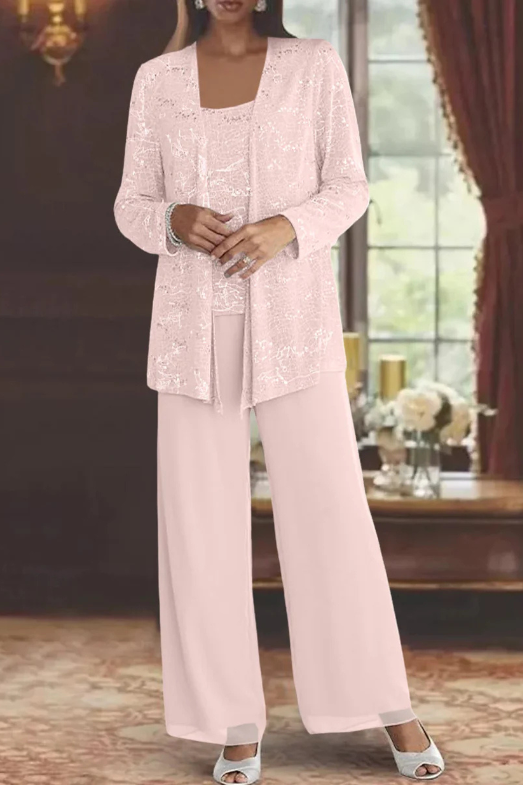 Women's Three-Piece Evening Set with Wide-Leg Pants