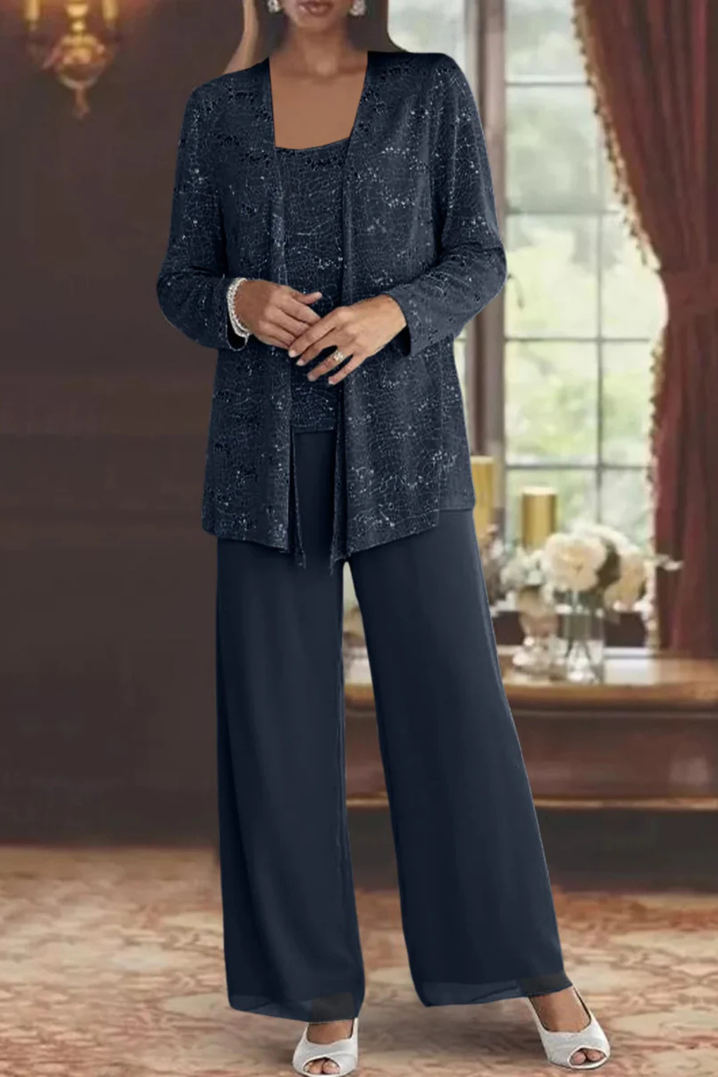 Women's Three-Piece Evening Set with Wide-Leg Pants