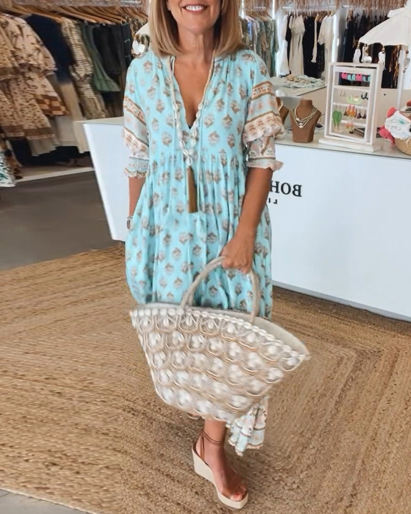 Emma - Women's Printed V-Neck Half-Sleeve Dress
