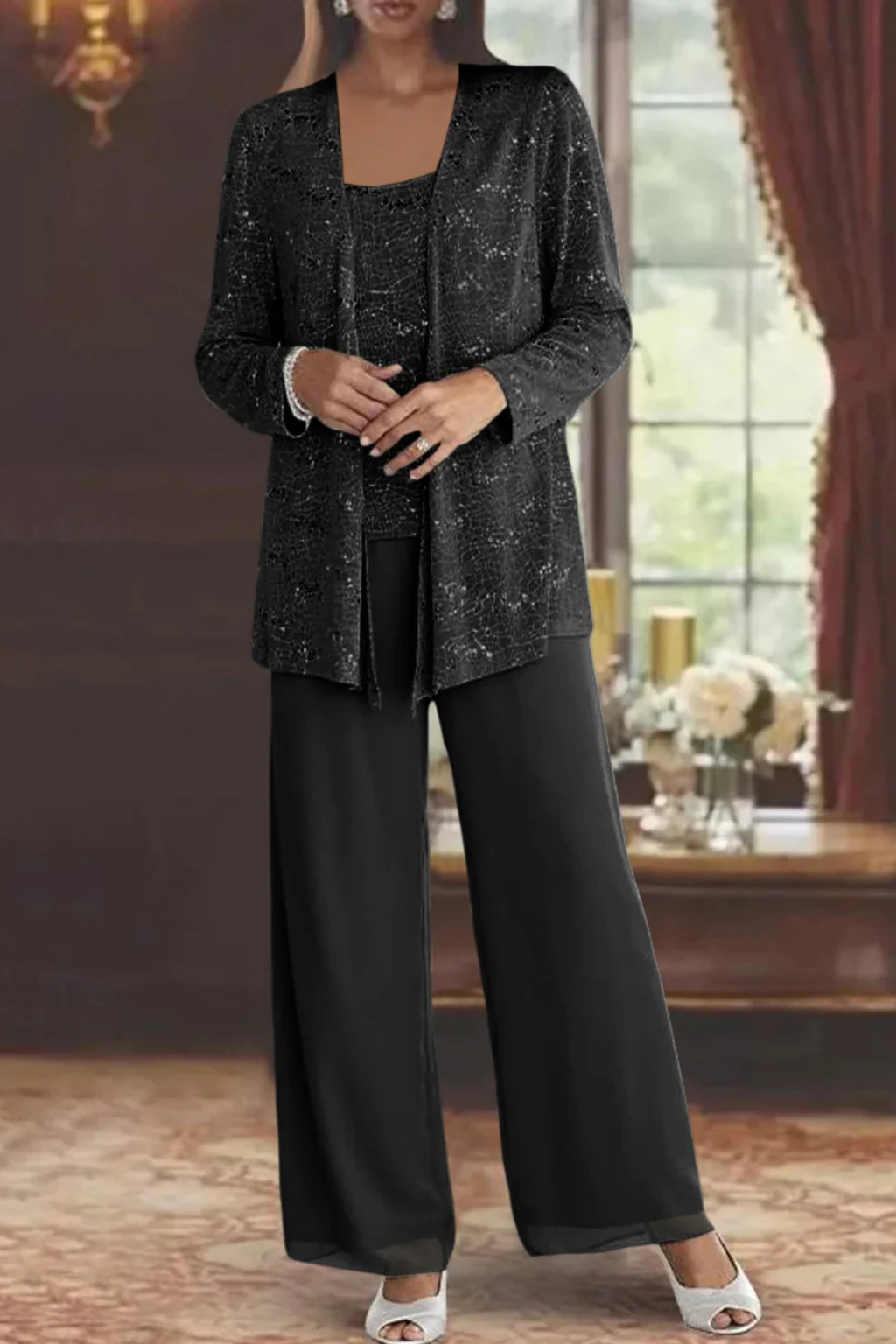 Women's Three-Piece Evening Set with Wide-Leg Pants