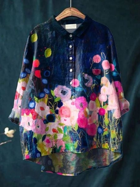 Women's cotton-linen floral shirt, print 5 - navy rose