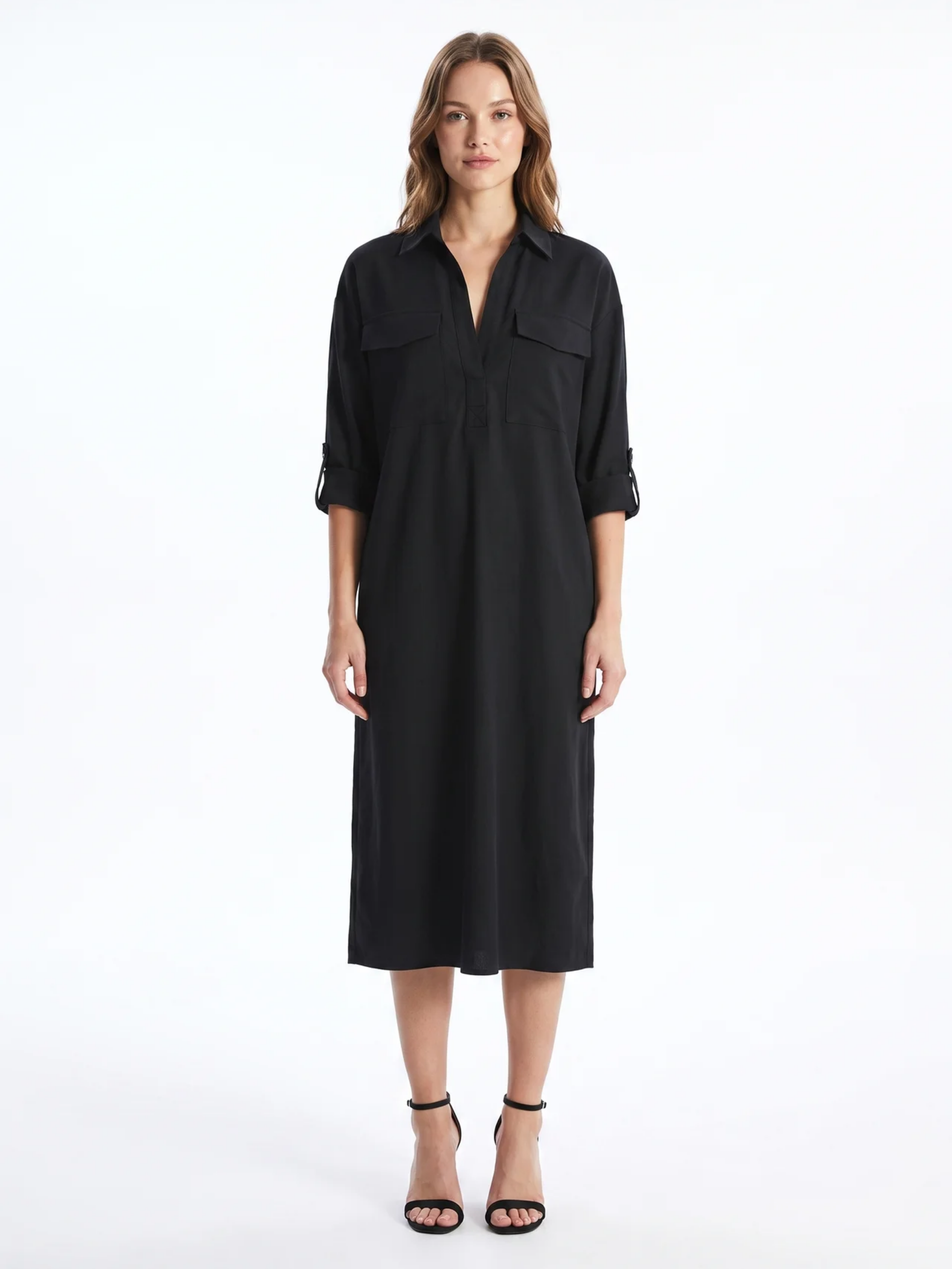 Women's Linen Blend Shirt Collar Midi Dress in Black