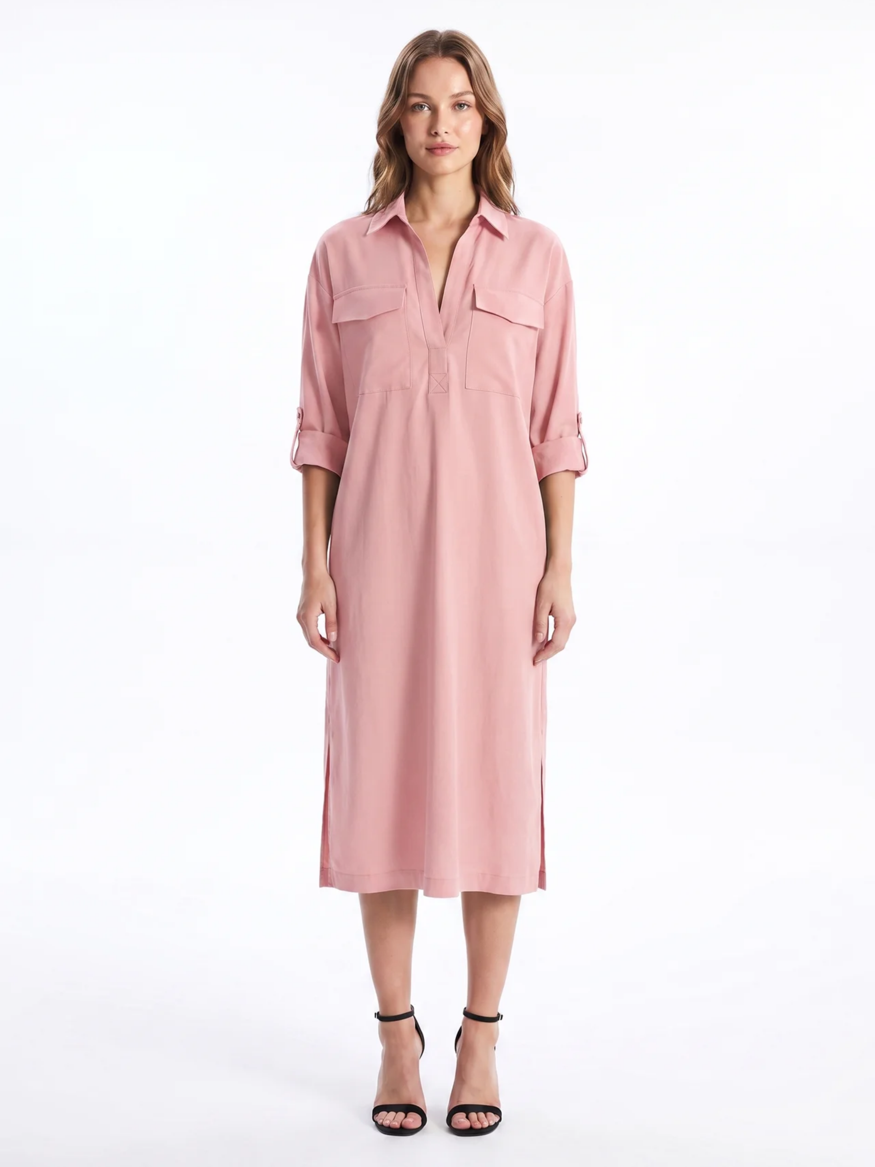 Frances - Abito midi da donna in misto lino con colletto a camicia