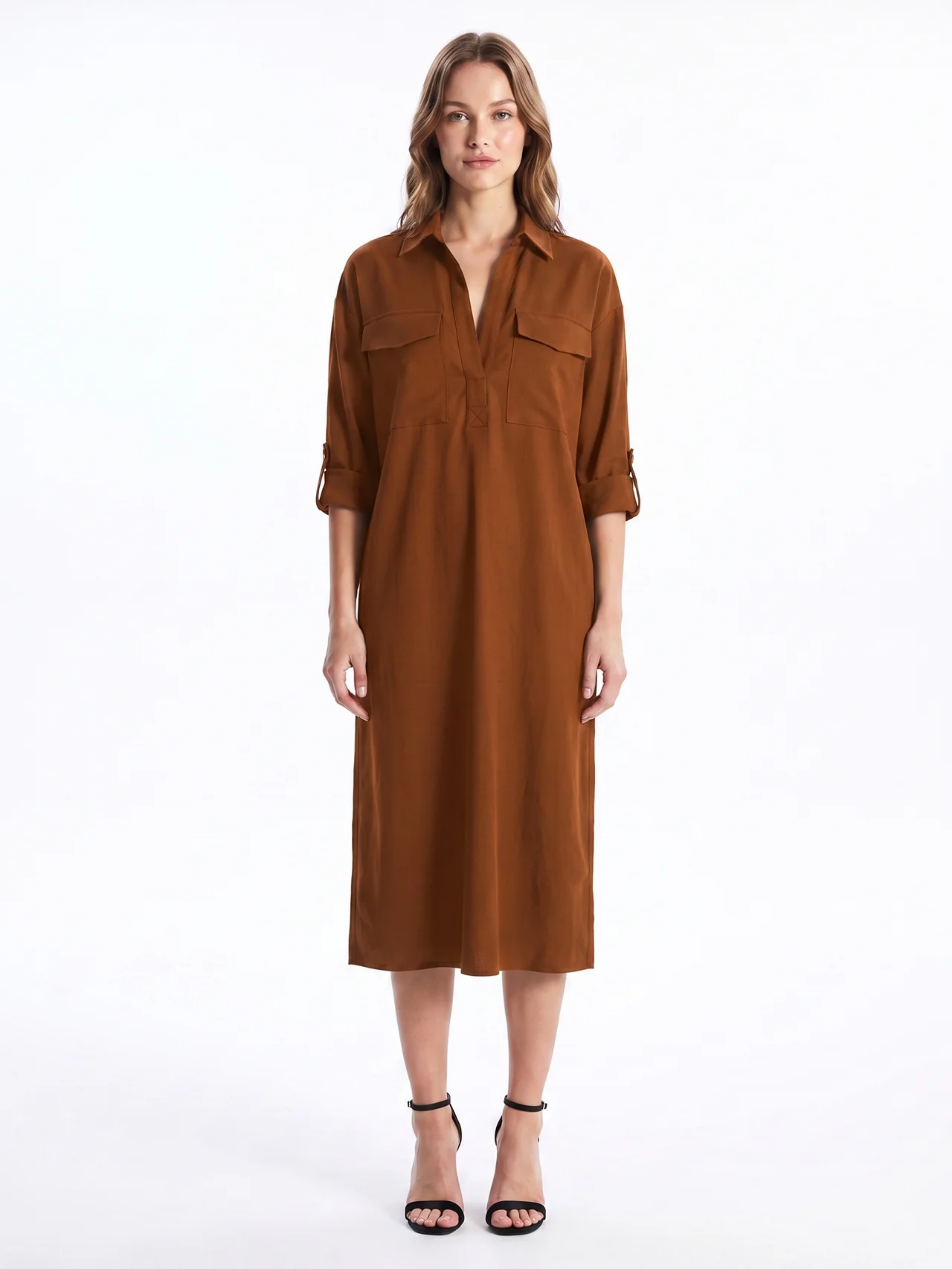 Frances - Abito midi da donna in misto lino con colletto a camicia
