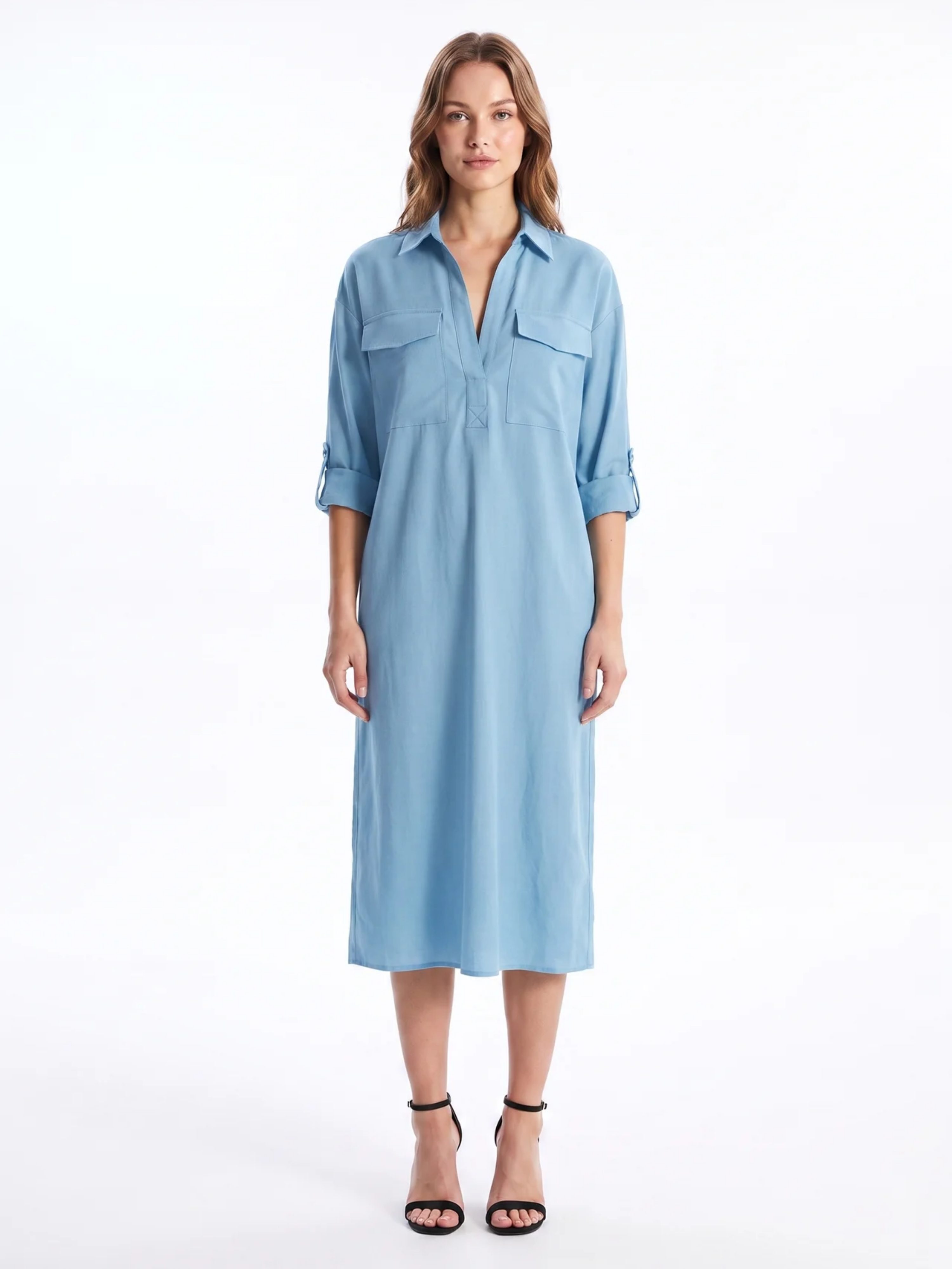 Frances - Abito midi da donna in misto lino con colletto a camicia