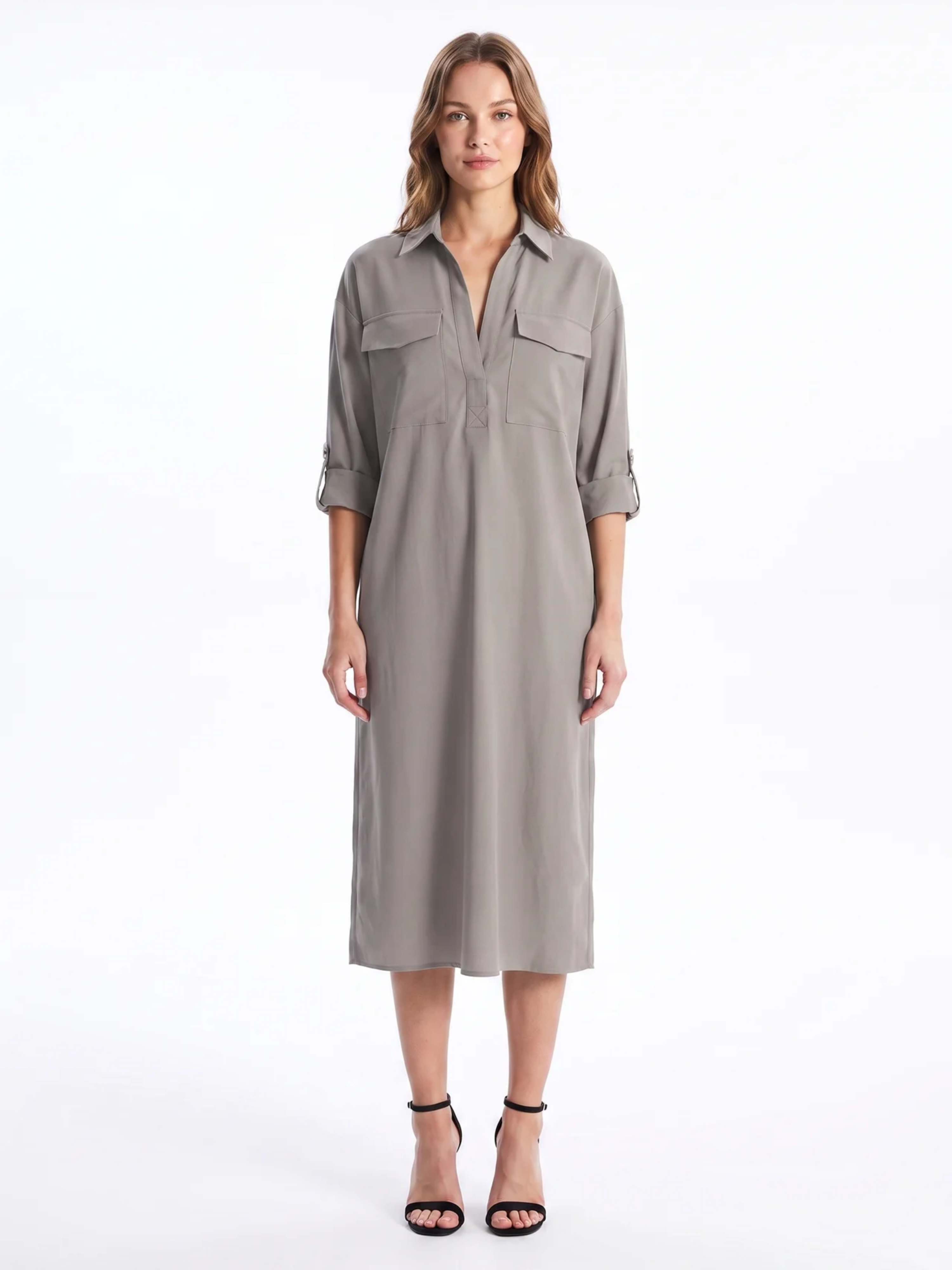 Frances - Abito midi da donna in misto lino con colletto a camicia