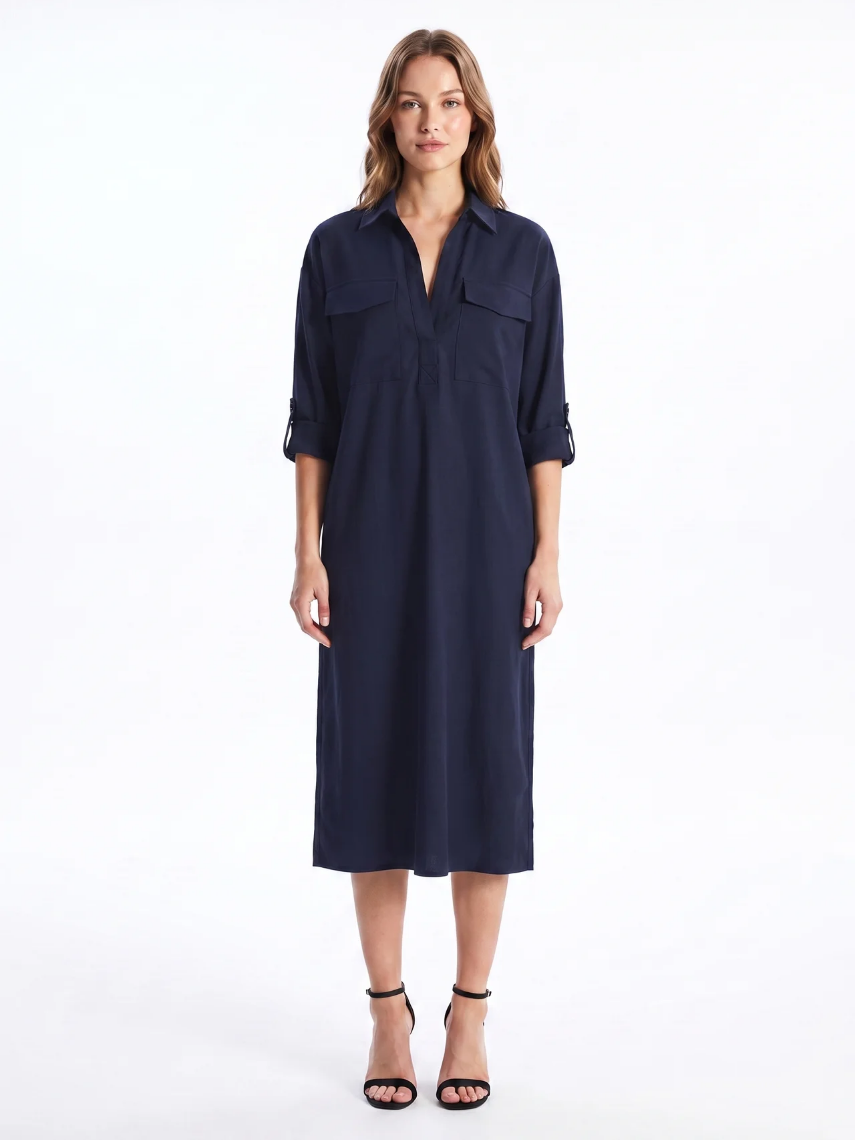 Frances - Abito midi da donna in misto lino con colletto a camicia