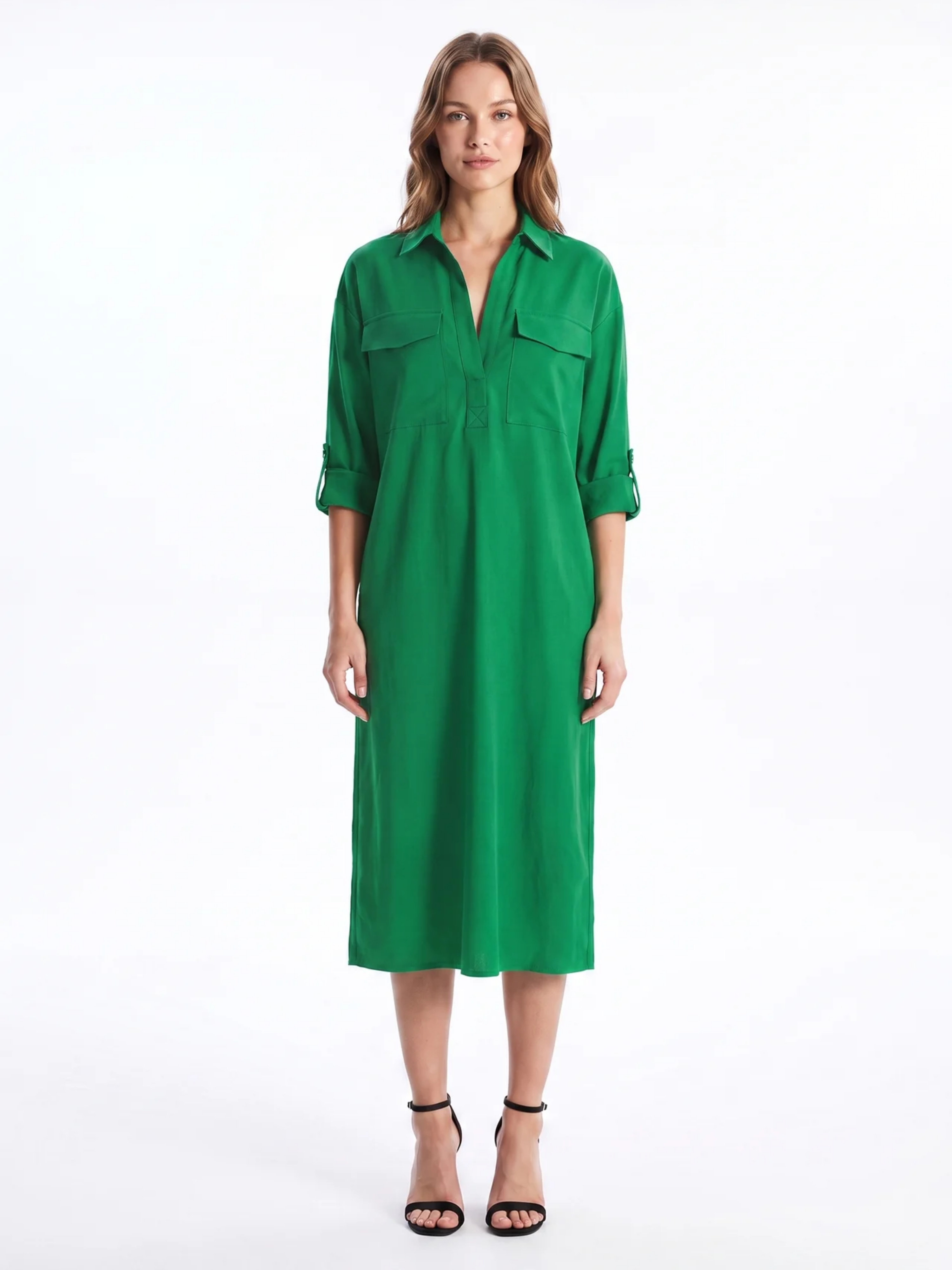 Frances - Abito midi da donna in misto lino con colletto a camicia
