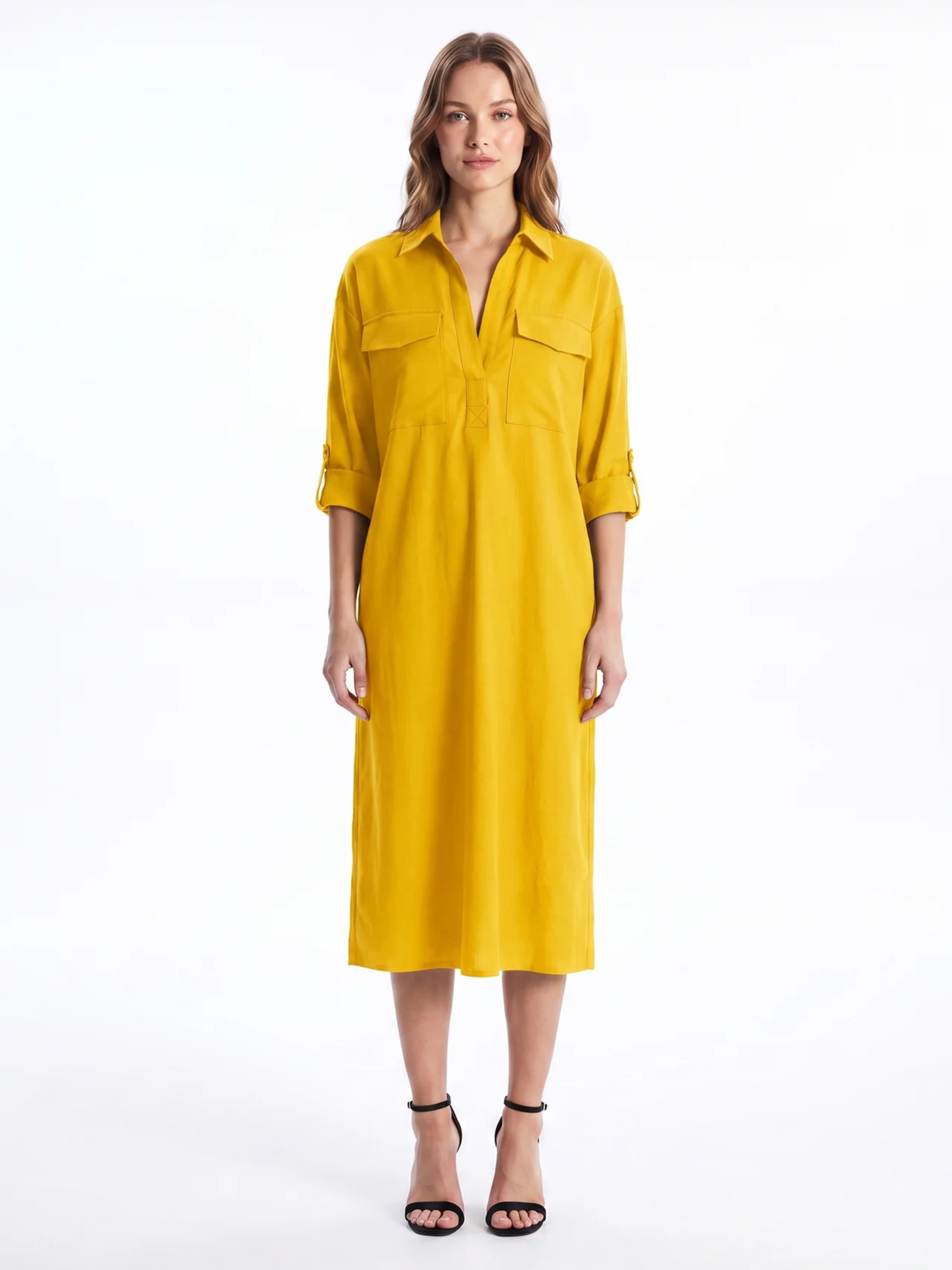 Frances - Abito midi da donna in misto lino con colletto a camicia