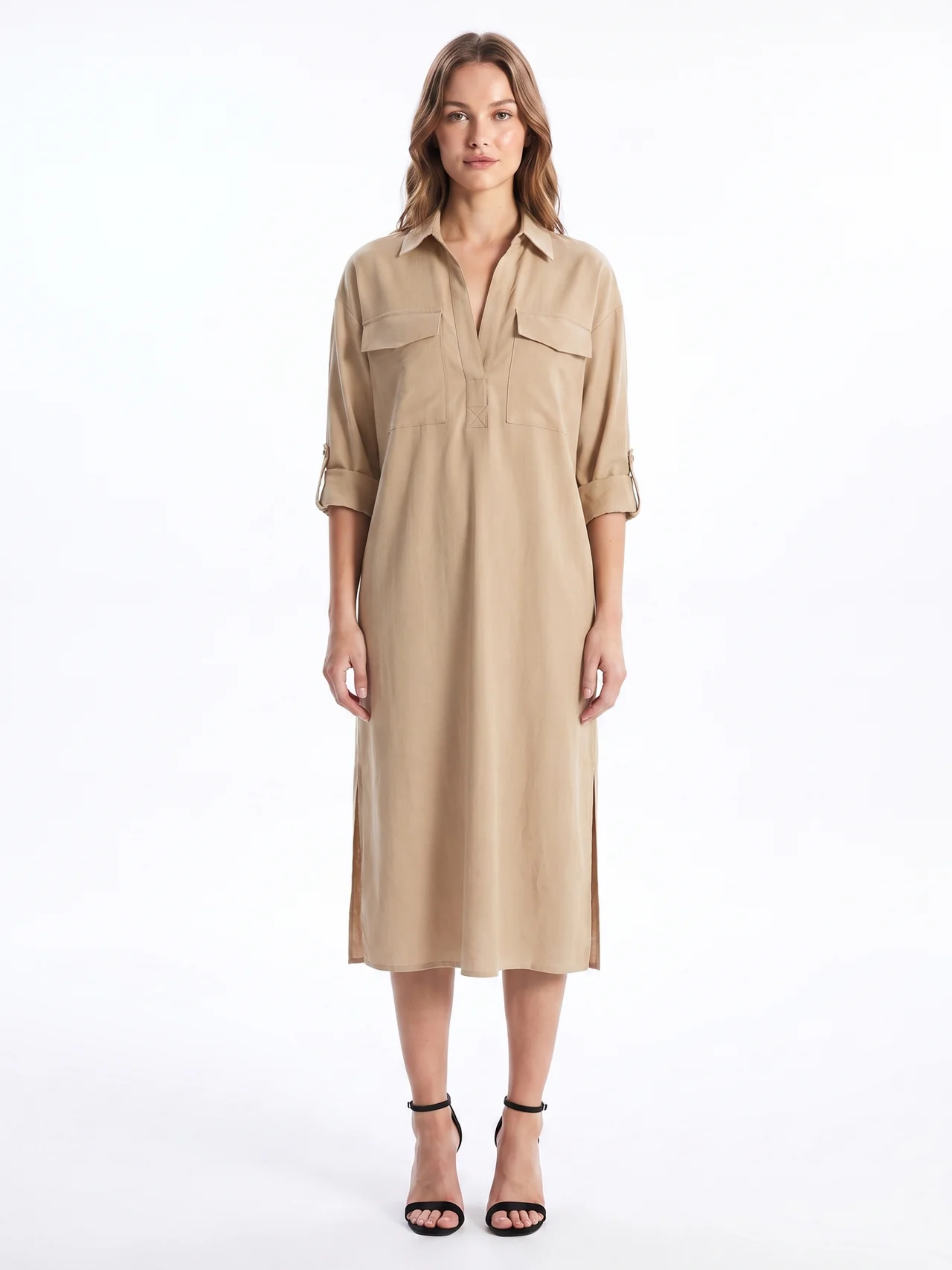 Frances - Abito midi da donna in misto lino con colletto a camicia