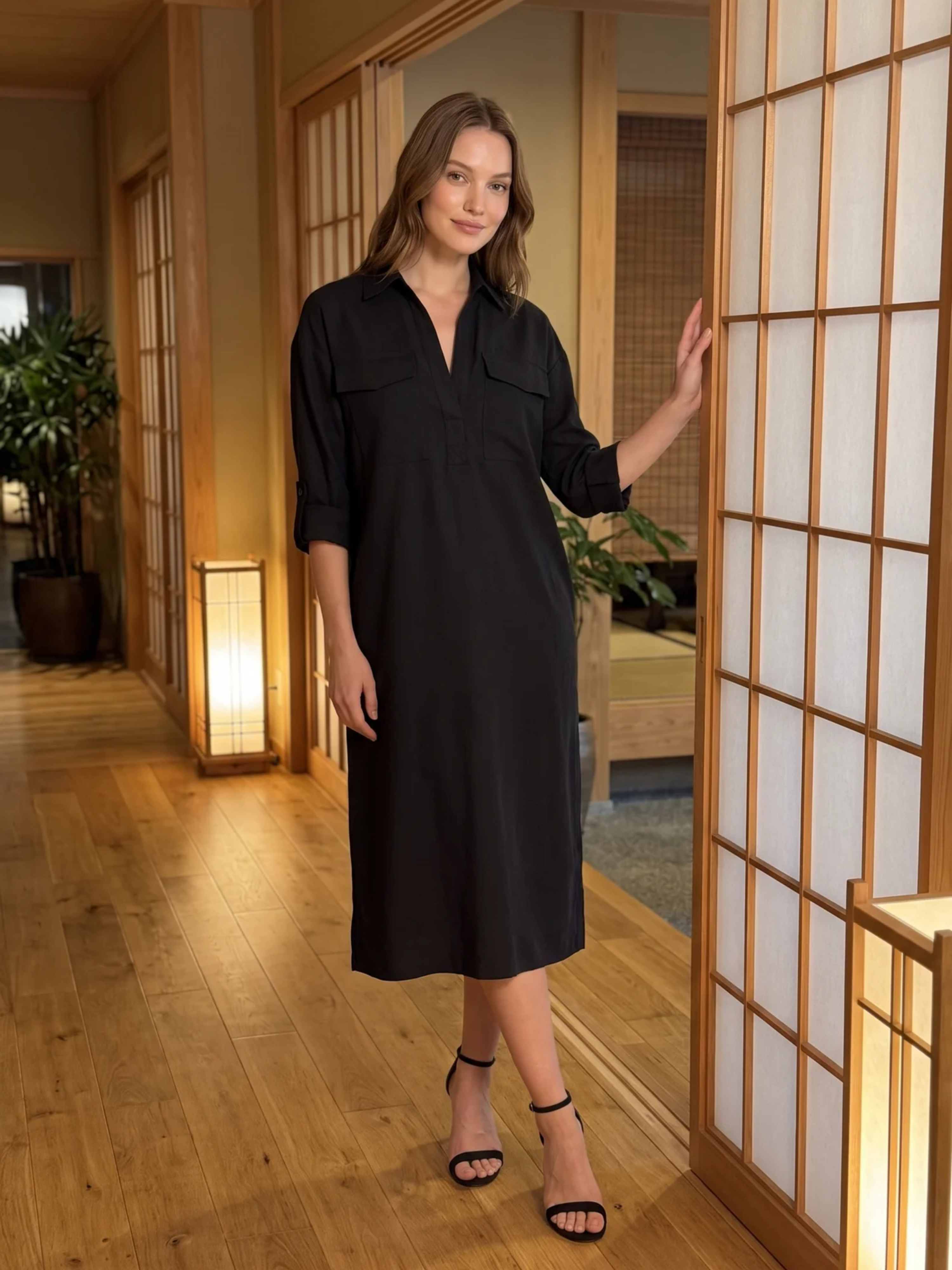 Frances - Abito midi da donna in misto lino con colletto a camicia