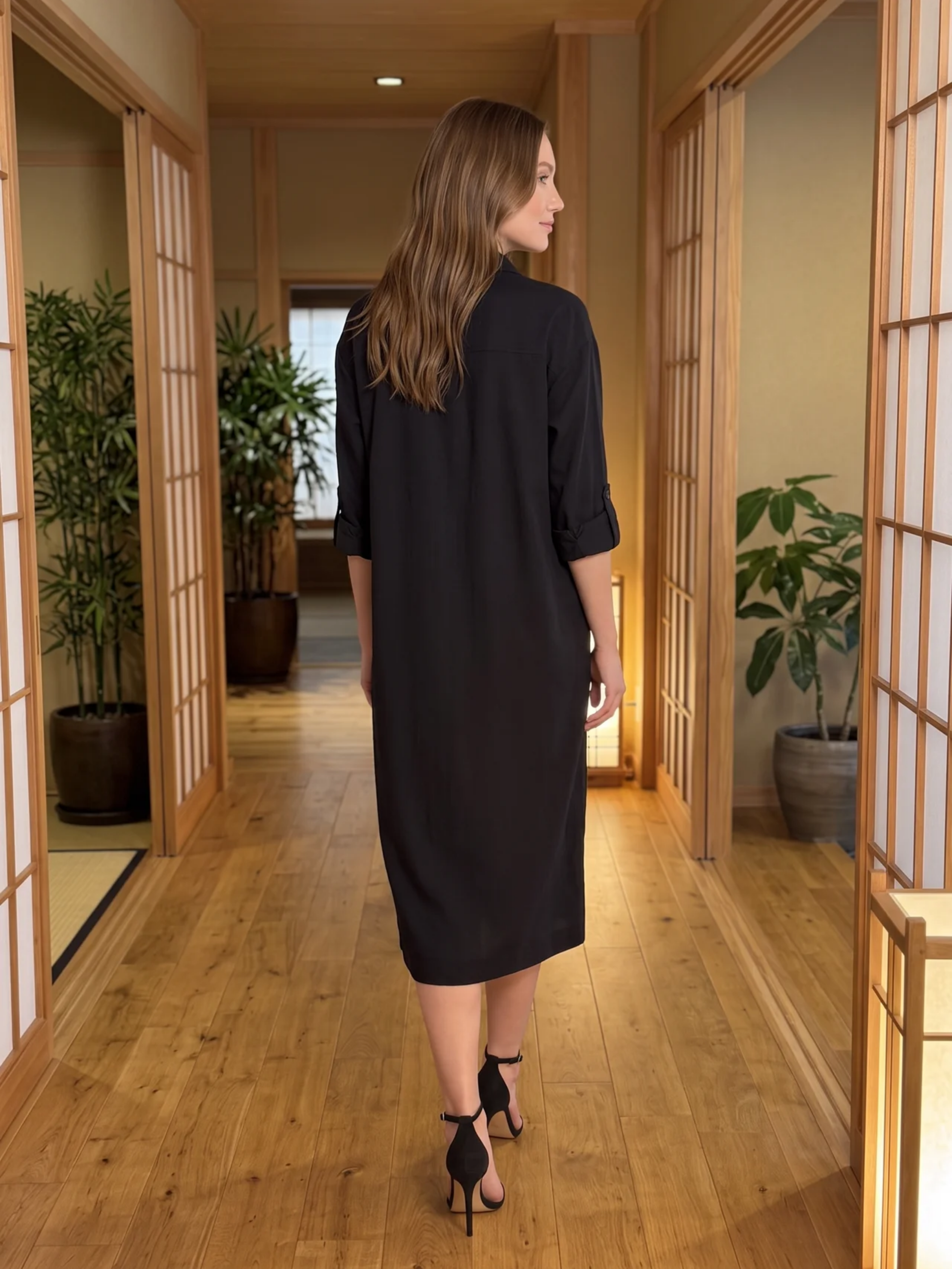 Frances - Abito midi da donna in misto lino con colletto a camicia