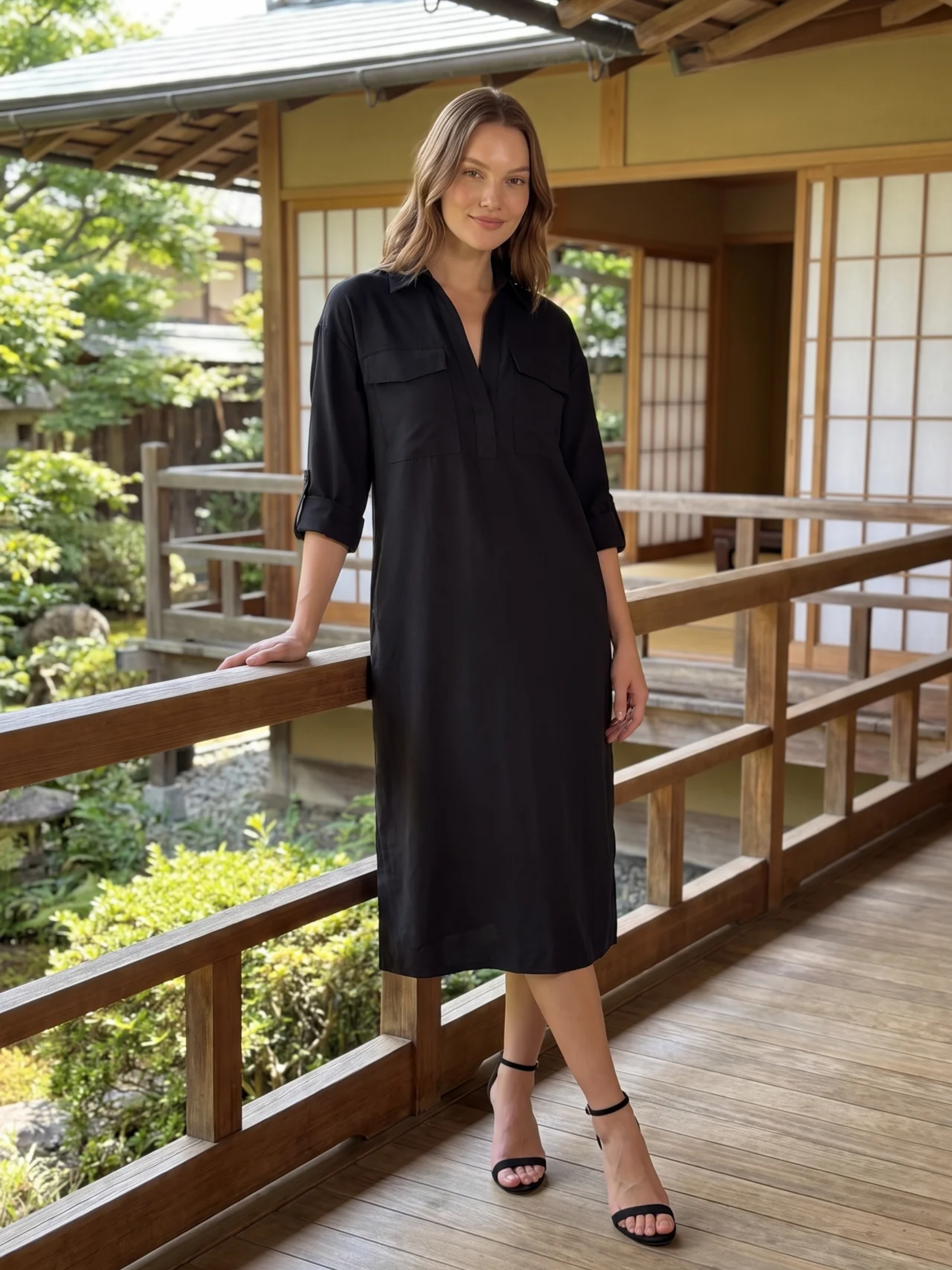 Frances - Abito midi da donna in misto lino con colletto a camicia