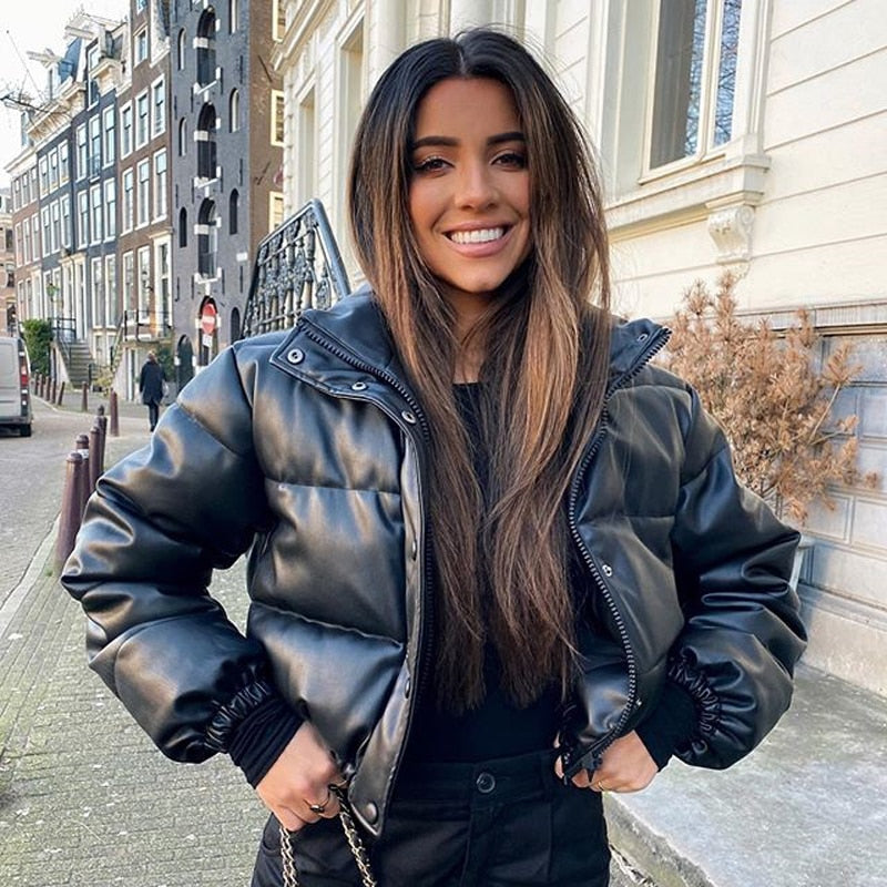 Milla - Women's Cropped Vegan Leather Puffer Jacket Bold and Warm Streetwear Look