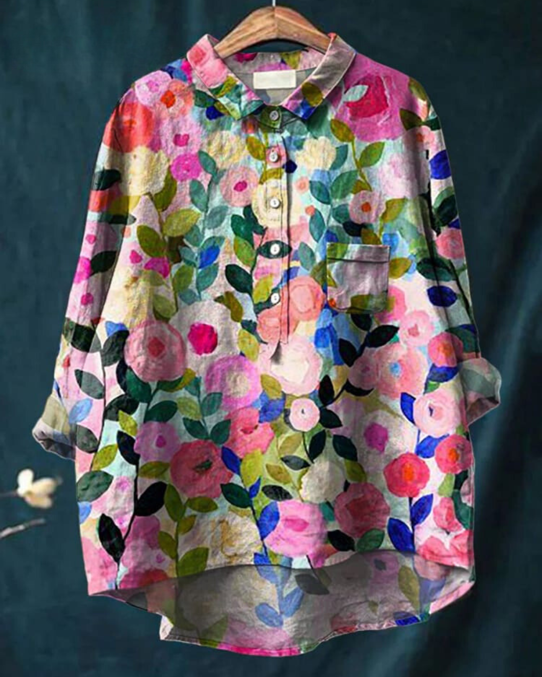 Women's cotton-linen floral shirt, print 1 - pink blossom