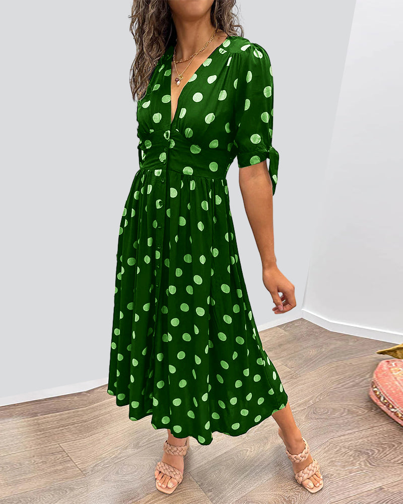 Rachelle - Abito midi svasato da donna a pois con scollo a V