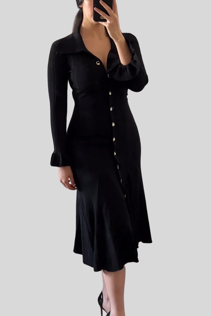 Leilani - Women's Knit Maxi Dress with Gold Button Detailing