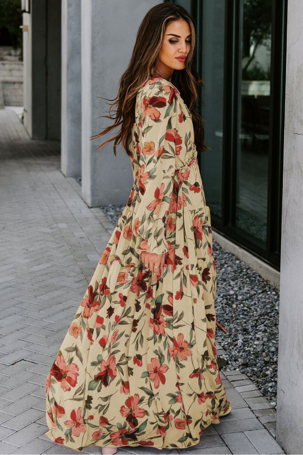 Aveline - Women's Wild Lotus Ruffle Tiered Maxi Dress