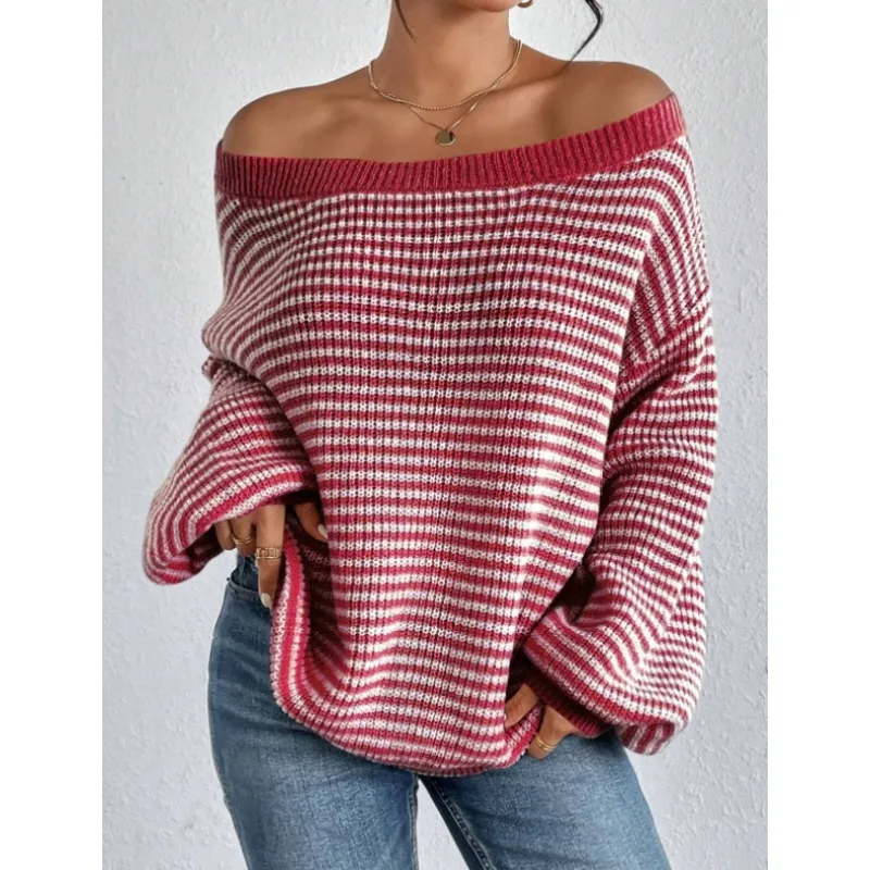 Maglione da donna in maglia a righe con scollo a spalle scoperte